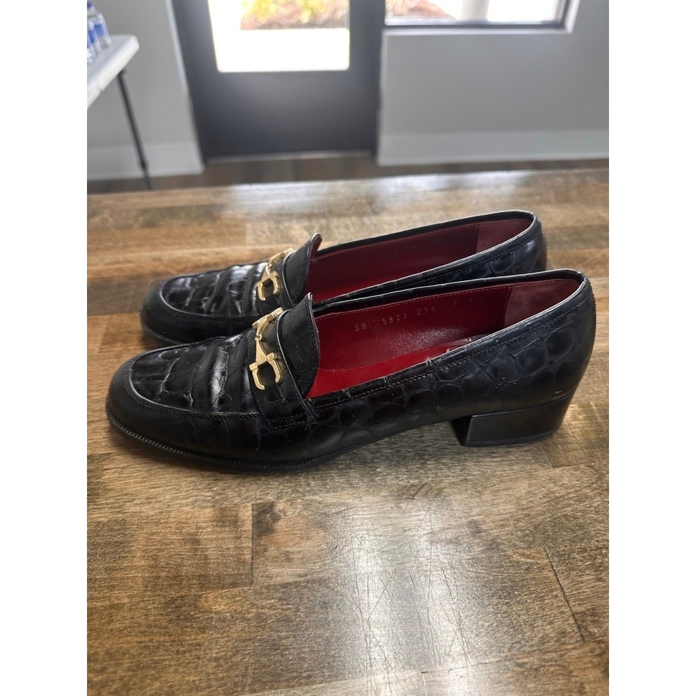 Salvatore Ferragamo Sport Black Croc Embossed Gancini Bit Loafers 7 3A Narrow - Picture 5 of 9
